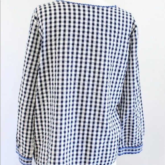 J Crew Navy White Gingham Plaid Blue Floral Embroidered Peasant Top Size Small - Picture 3 of 6